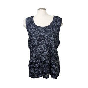 Womens XL Top Blouse Black Sheer 3D Floral Rosette Overlay Front Sleeveless